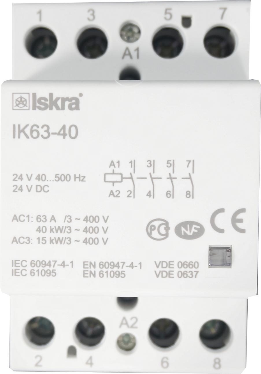 IK63-40-24VAC/DC, 4 Pole 4 x SPST NO, Modular Contactor 440VAC 63 Amp, 24VAC/DC 40-500Hz Control Voltage, Hum Free