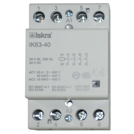 IK63-40-24VAC/DC, 4 Pole 4 x SPST NO, Modular Contactor 440VAC 63 Amp, 24VAC/DC 40-500Hz Control Voltage, Hum Free