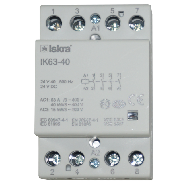 IK63-40-24VAC/DC, 4 Pole 4 x SPST NO, Modular Contactor 440VAC 63 Amp, 24VAC/DC 40-500Hz Control Voltage, Hum Free
