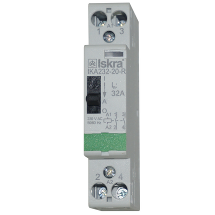 IKA232-20-R-230VAC, Iskra Two Pole 2 x SPST NO Modular Contactor 240VAC 32 Amp, 230VAC Control Voltage, with Manual Overide