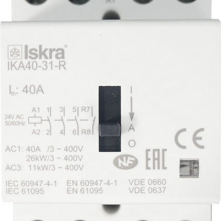 IKA40-31-R-24VAC, 4 Pole 1 x SPST NC, 3 x SPST NO Modular Contactor 440VAC 40 Amp, 24VAC/DC Control Voltage, with Manual Overide