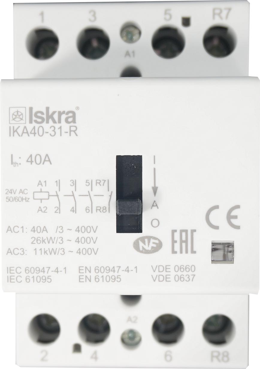 IKA40-31-R-24VAC, 4 Pole 1 x SPST NC, 3 x SPST NO Modular Contactor 440VAC 40 Amp, 24VAC/DC Control Voltage, with Manual Overide