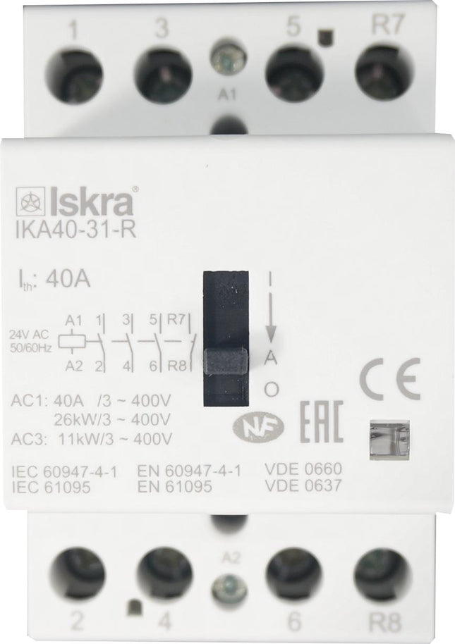 IKA40-31-R-24VAC, 4 Pole 1 x SPST NC, 3 x SPST NO Modular Contactor 440VAC 40 Amp, 24VAC/DC Control Voltage, with Manual Overide