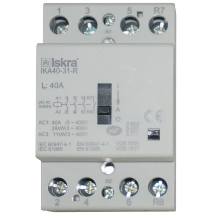 IKA40-31-R-24VAC, 4 Pole 1 x SPST NC, 3 x SPST NO Modular Contactor 440VAC 40 Amp, 24VAC/DC Control Voltage, with Manual Overide