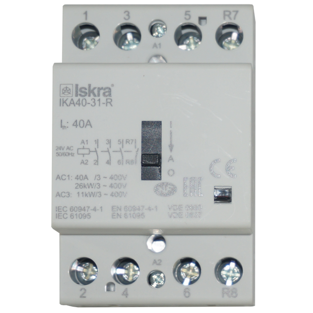 IKA40-31-R-24VAC, 4 Pole 1 x SPST NC, 3 x SPST NO Modular Contactor 440VAC 40 Amp, 24VAC/DC Control Voltage, with Manual Overide