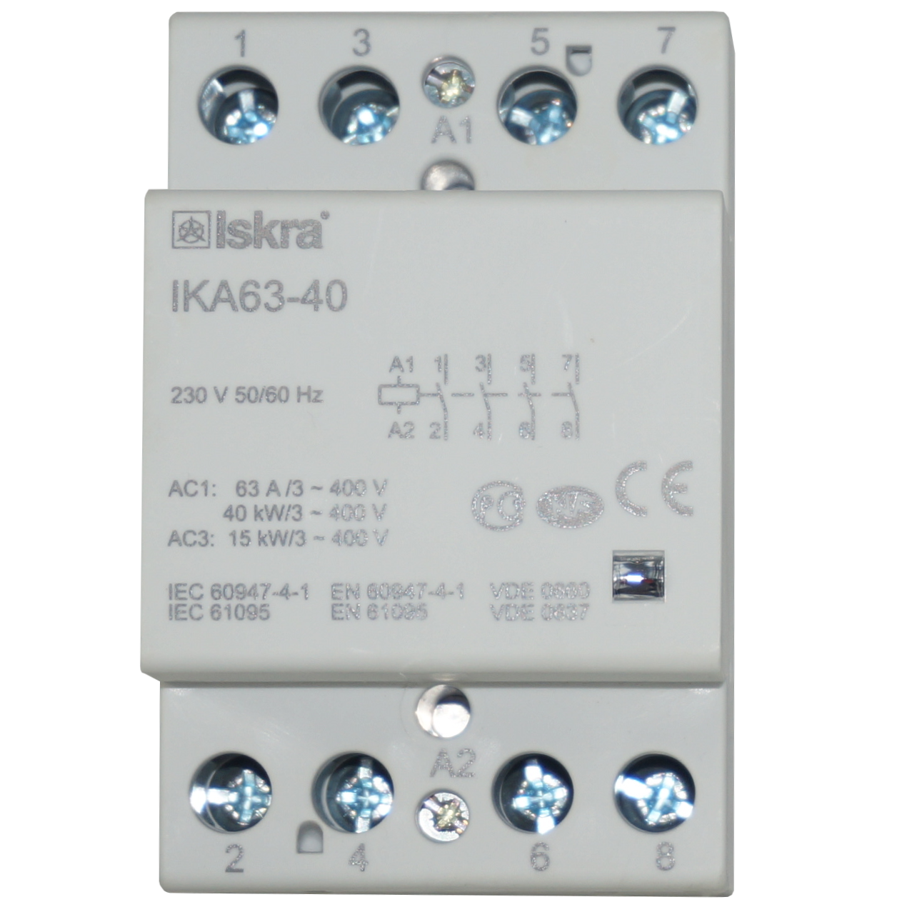 IKA63-40-R-230VAC, Four Pole 4 x SPST NO Modular Contactor 440VAC 63 Amp, 230VAC Control Voltage, with Manual Overide