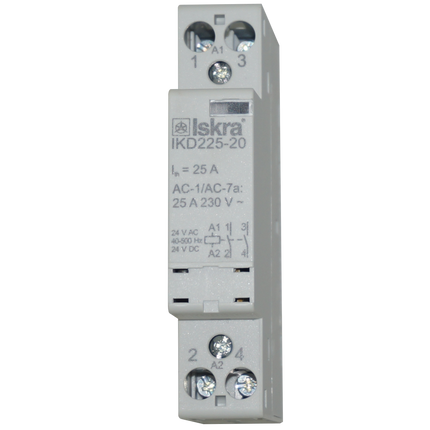 IKD225-20-24VAC/DC, Two Pole 2 x NO Modular Contactor 240VAC 25 Amp, 24VAC/DC Control Voltage, 40-500Hz, Hum Free with Manual Overide