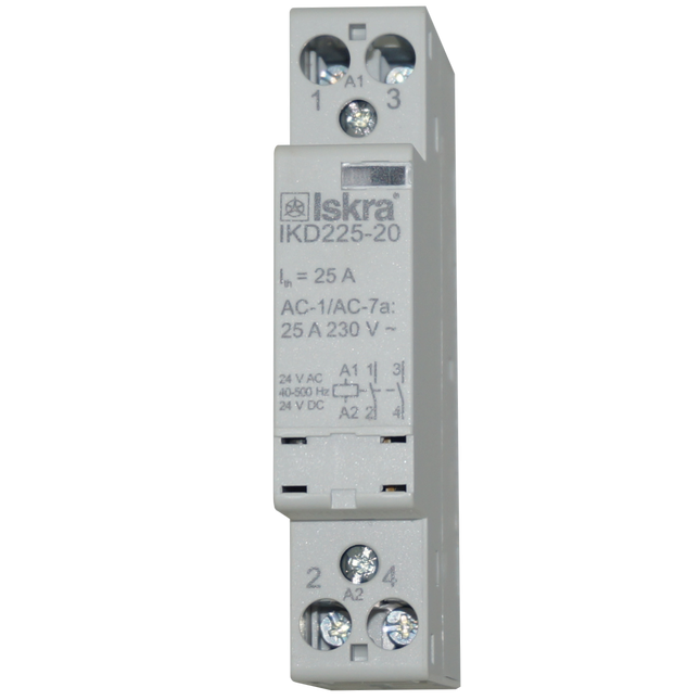 IKD225-20-24VAC/DC, Two Pole 2 x NO Modular Contactor 240VAC 25 Amp, 24VAC/DC Control Voltage, 40-500Hz, Hum Free with Manual Overide