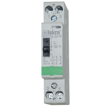 IKD232-20-R-230VAC, Iskra Two Pole 2 x SPST NO Modular Contactor 240VAC 32 Amp, 230VAC Control Voltage, 40-500Hz, Hum Free