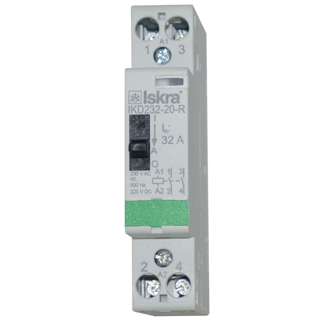 IKD232-20-R-230VAC, Iskra Two Pole 2 x SPST NO Modular Contactor 240VAC 32 Amp, 230VAC Control Voltage, 40-500Hz, Hum Free