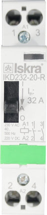 IKD232-20-R-230VAC, Iskra Two Pole 2 x SPST NO Modular Contactor 240VAC 32 Amp, 230VAC Control Voltage, 40-500Hz, Hum Free