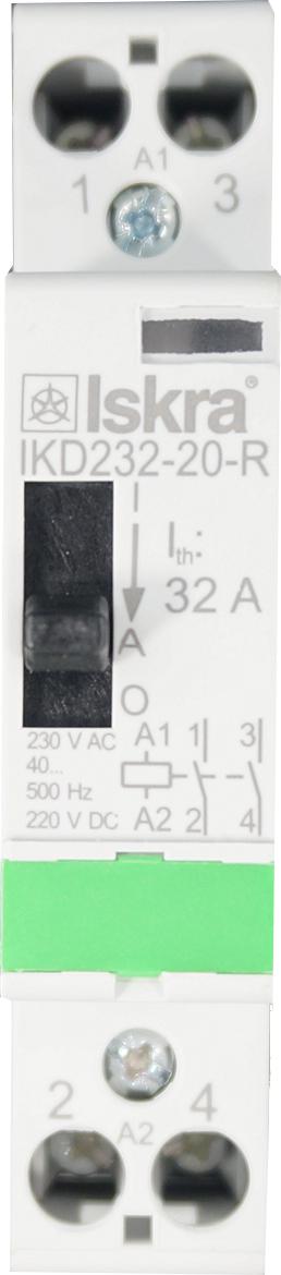 IKD232-20-R-230VAC, Iskra Two Pole 2 x SPST NO Modular Contactor 240VAC 32 Amp, 230VAC Control Voltage, 40-500Hz, Hum Free