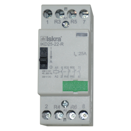 IKD25-22-R-230VAC, Iskra 4 Pole 2 x SPST NO, 2 x SPST NC, Modular Contactor 440VAC 25 Amp, 240VAC Control Voltage, 40-500Hz, Hum Free with Manual Overide