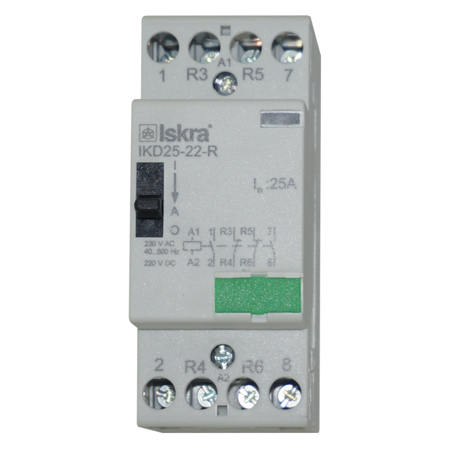 IKD25-22-R-230VAC, Iskra 4 Pole 2 x SPST NO, 2 x SPST NC, Modular Contactor 440VAC 25 Amp, 240VAC Control Voltage, 40-500Hz, Hum Free with Manual Overide