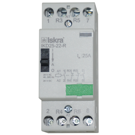 IKD25-22-R-24VAC/DC, 4 Pole 2 x SPST NO, 2 x SPST NC, Modular Contactor 440VAC 25 Amp, 24VAC/DC 40-500Hz Control Voltage, Hum Free with Manual Override