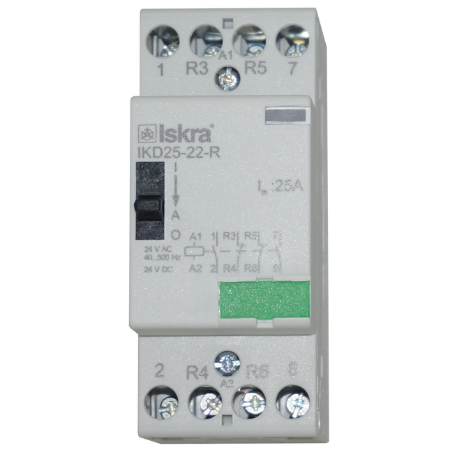 IKD25-22-R-24VAC/DC, 4 Pole 2 x SPST NO, 2 x SPST NC, Modular Contactor 440VAC 25 Amp, 24VAC/DC 40-500Hz Control Voltage, Hum Free with Manual Override