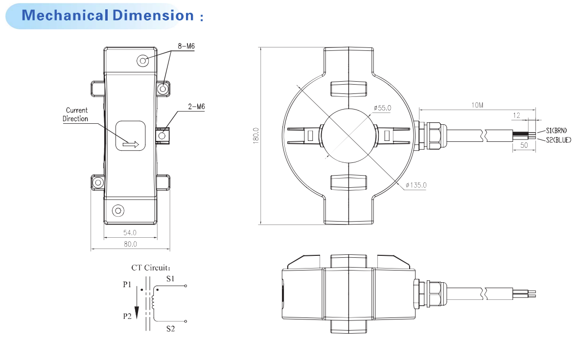 FESCT-055-150-5-IP65, 150Amp Measurement, 5 Amp Output Split Core CT's, Class 0.5, w/10M Flying leads, ø 55mm Aperture