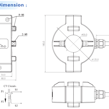 FESCT-055-150-5-IP65, 150Amp Measurement, 5 Amp Output Split Core CT's, Class 1, w/10M Flying leads, ø 55mm Aperture
