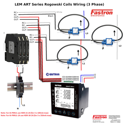 ART-B22-D125-SP3 + AI-P1A, Single Phase Rogowski Coil Set, Class 1, 1 Amp AC, Sensitivity, and Measurement Range, 12.5cm Diameter