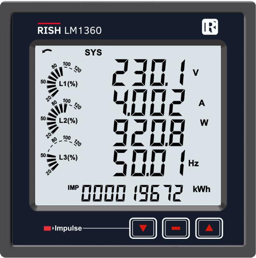 LM1360-MA4L-4-3-01-02-U-H-2, Panel Mount kWh Meter, Class 0.2S, 1/5Amp input, 2 Alarm/Pulse Outputs, RS485 & USB Comms, Three Section LCD Display, Internal Logging