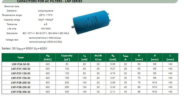 LNF-P3A-50-30, AC Filter Capacitor ø60 x 140mm 420VAC 50uF, M6 Stud Bottom, 2 x M5 Terminals-Electrolytic Power Capacitor-ICAR-Fastron Electronics Store