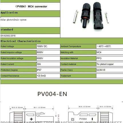 MC4 6mm 1000VDC 35Amp, MC4 Solar Connector/Extender, 1000VDC 35 Amp, for 2-6mm Cable, TUV and CE Approved