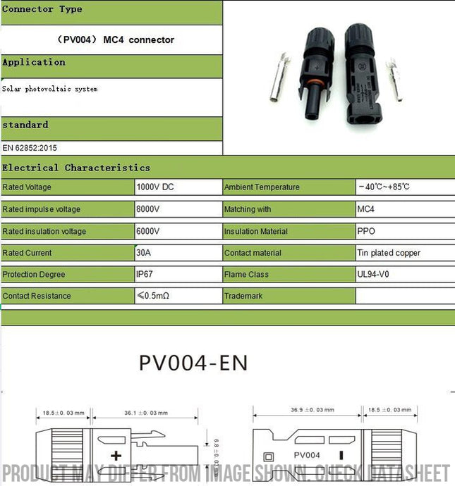 MC4 6mm 1000VDC 35Amp, MC4 Solar Connector/Extender, 1000VDC 35 Amp, for 2-6mm Cable, TUV and CE Approved