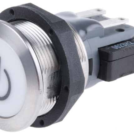 3-120-091, MSM CS 19mm, Pushbutton Switch Metal with Blue Illumination and Power Mark, 3Amp @ 250VAC, 30VDC, 5-28VDC Illumination Supply, 0.2 Million Ops