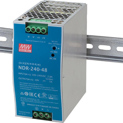 NDR-240-24, Universal Din Rail Mount Power Supply, 85-164VAC or 124-370VDC input, 24VDC @ 10A output