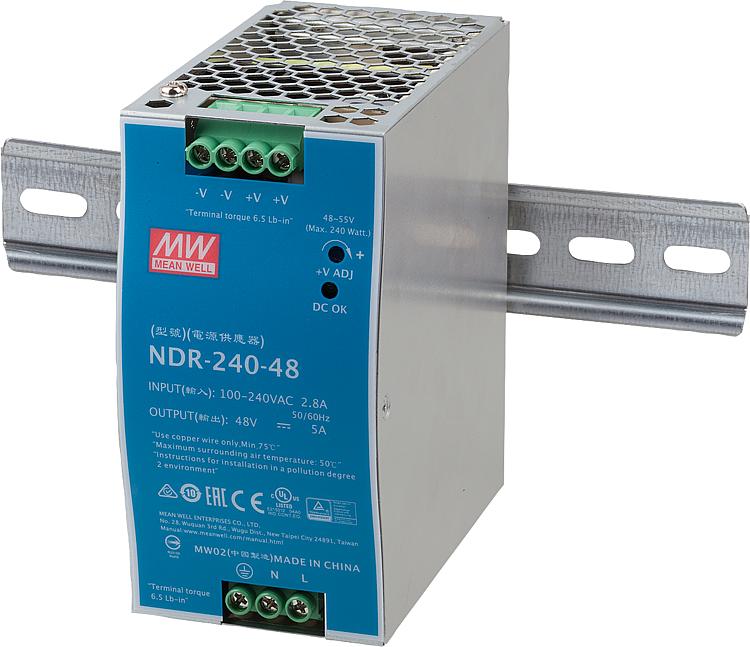 NDR-240-24, Universal Din Rail Mount Power Supply, 85-164VAC or 124-370VDC input, 24VDC @ 10A output