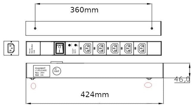 DSTO-C14-5F-R-N-N-H, Distribution Unit with IEC Inlet C14 to 5 x F/C13 Outlet, 240VAC @ 10 Amp with Rocker Switch, Rear Mounted with plastic hooks,  MOQ = 10pcs