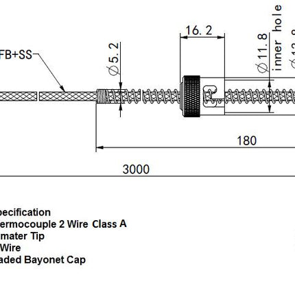 FTCK-5-PLAS-3000, Type K MIMS Class A, -20 to 480 Deg C Plastic Industry Style x 4.8mm Probe w/ 3000mm Screened Teflon/Braided SS cable, CE ANSI ROHS Approved-Temperature Sensor-Fastron Electronics-Fastron Electronics Store