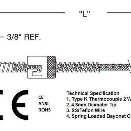 FTCK-5-PLAS-3000-B, Type K MIMS Class B, Plastic Industry Style x 3mm Probe w/ 3000mm Screened Teflon/Braided SS cable, -20 to 1000 Deg C-Temperature Sensor-Fastron Electronics-Fastron Electronics Store