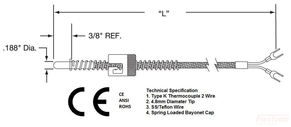 FTCK-5-PLAS-3000-B, Type K MIMS Class B, Plastic Industry Style x 3mm Probe w/ 3000mm Screened Teflon/Braided SS cable, -20 to 1000 Deg C-Temperature Sensor-Fastron Electronics-Fastron Electronics Store