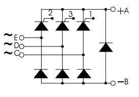PSFH70/16, 3 Phase Half Controlled Bridge with freewheeling diode, 70 Amp, 1600V, Spade Connections</p>