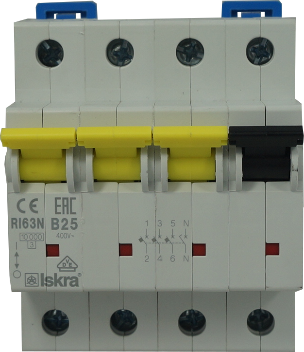 RI63N B 25, 4 Pole MCB Miniature Circuit Breaker B Curve 25 Amp, 230/400VAC