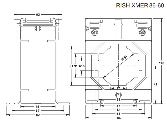 Rish Xmer 86-50 (45) 1200/5 Class 1, 30VA ⌀ 46mm or 51 x 12mm Busbar