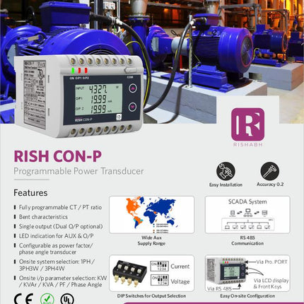 Rish Con P 4WUB 100-500V 1/5A 60-300U 10 D, Active Power/Reactive Power/Apparrent Power/Phase Angle/Power Factor Transducer 4 wire, 100-500V, 5Amp measurement,60-300VAC/DC Supply, 1 x 0-20mA/4-20mA/0-10V output, with display