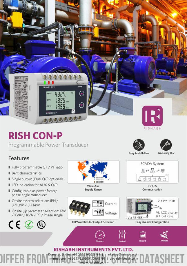 Rish Con P 4WUB 100-500V 1/5A 60-300U 20 D, Active Power/Reactive Power/Apparrent Power/Phase Angle/Power Factor Transducer 4 wire, 100-500V, 5Amp measurement,60-300VAC/DC Supply, 2 x 0-20mA/4-20mA/0-10V output, with display