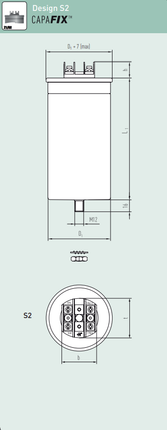 E62.M10-603S20, 60uF Heavy Duty AC Film Capacitor ø75 x 105mm, M5x12 terminals. S2 Design, 680VAC/1120VDC