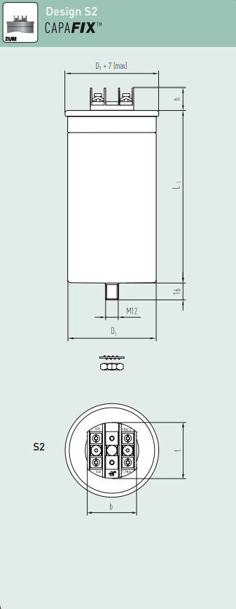 E62.M10-603S20, 60uF Heavy Duty AC Film Capacitor ø75 x 105mm, M5x12 terminals. S2 Design, 680VAC/1120VDC