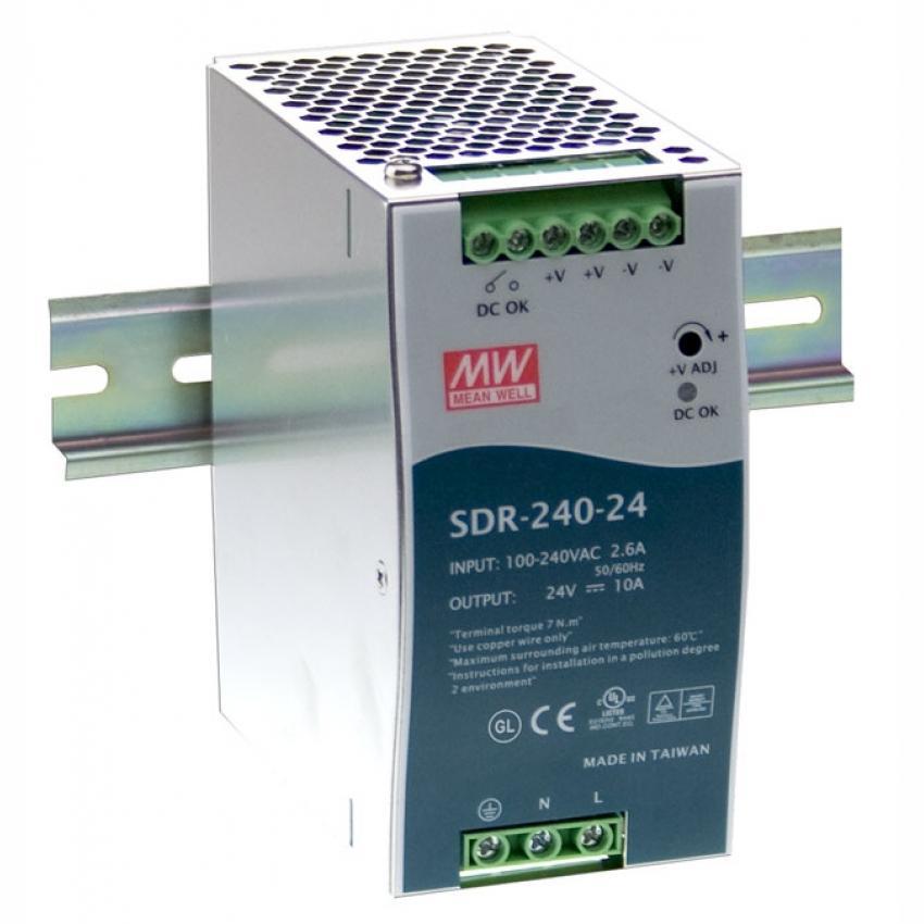 SDR-240-24, Universal Din Rail Mount Power Supply, 85-264VAC or 124-370VDC input, 24VDC @ 10A output  (can replace MDR-240-24)