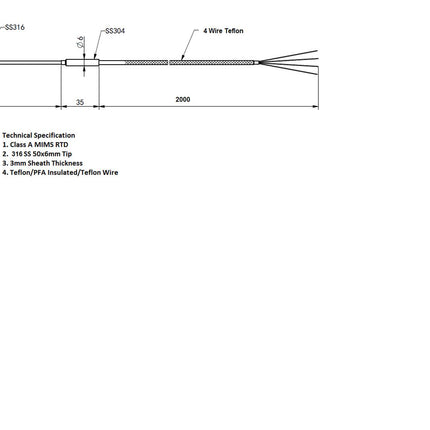 FRTD-6-3-2000-2000 (ST5976), RTD 4 Wire MIMS, 3mm x 2000mm + 6mm x 50mm Tip. 2000mm 4 wire Teflon/Screened/Teflon cable, -50 to 350 Deg C-Temperature Sensor-Fastron Electronics-Fastron Electronics Store