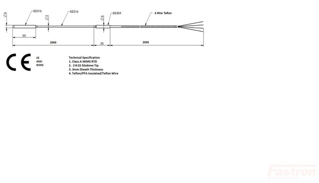 FRTD-6-3-2000-2000 (ST5976), RTD 4 Wire MIMS, 3mm x 2000mm + 6mm x 50mm Tip. 2000mm 4 wire Teflon/Screened/Teflon cable, -50 to 350 Deg C-Temperature Sensor-Fastron Electronics-Fastron Electronics Store