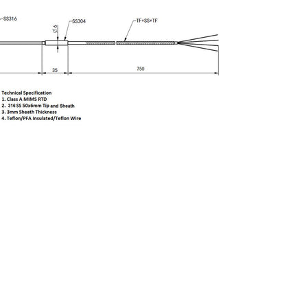 ST6352, Platinum Resistance Thermometer, Mineral Insulated Assembly 500 Deg C, 6mm x 3500mm, 6mm x 50mm SS Tip, SS POT Seal potted with high temp epoxy resin, 100 Ohms @ 0 Deg C, Class A, 750mm screened PFA insulated cable-Temperature Sensor-Fastron Electronics-Fastron Electronics Store