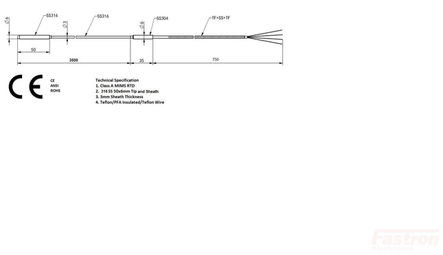 ST6352, Platinum Resistance Thermometer, Mineral Insulated Assembly 500 Deg C, 6mm x 3500mm, 6mm x 50mm SS Tip, SS POT Seal potted with high temp epoxy resin, 100 Ohms @ 0 Deg C, Class A, 750mm screened PFA insulated cable-Temperature Sensor-Fastron Electronics-Fastron Electronics Store