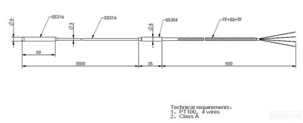 FRTD-6-3-2500-750, RTD 4 Wire MIMs 3mm x 2500mm + 6mm x 50mm Tip. 750mm Teflon/Screened/Teflon 4 wire cable, -50 to 350 Deg C-Temperature Sensor-Fastron Electronics-Fastron Electronics Store