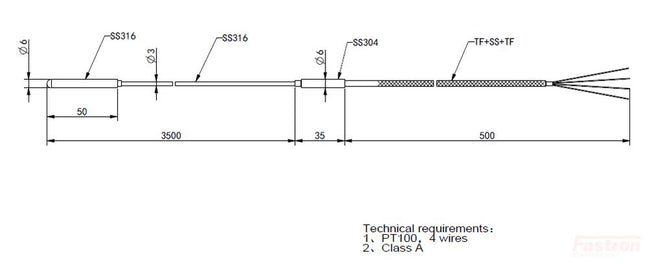 FRTD-6-3-2500-750, RTD 4 Wire MIMs 3mm x 2500mm + 6mm x 50mm Tip. 750mm Teflon/Screened/Teflon 4 wire cable, -50 to 350 Deg C-Temperature Sensor-Fastron Electronics-Fastron Electronics Store
