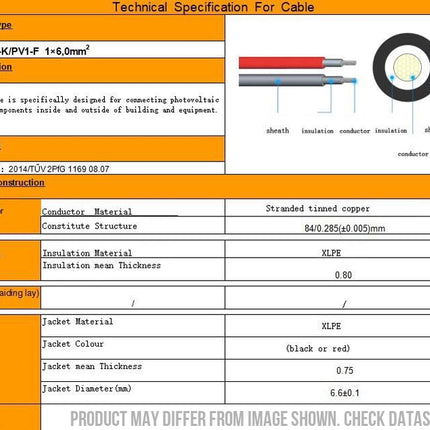 6mm² Solar/XLPE Cable 100M, PV Solar Cable Black 100 Meter 6mm², 6.6mm Jacket Diameter, TUV Approved