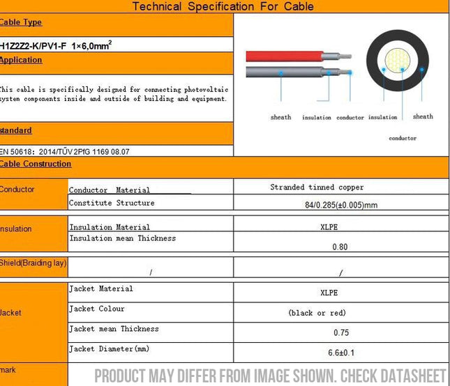 6mm² Solar/XLPE Cable 100M, PV Solar Cable Black 100 Meter 6mm², 6.6mm Jacket Diameter, TUV Approved